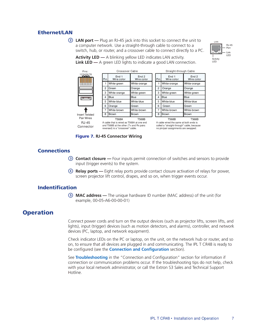 Extron electronic IPL T CR48 manual Operation, Ethernet/LAN, Connections, Indentification 