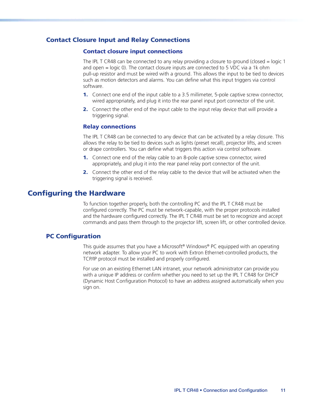 Extron electronic IPL T CR48 manual Configuring the Hardware, Contact Closure Input and Relay Connections, PC Configuration 