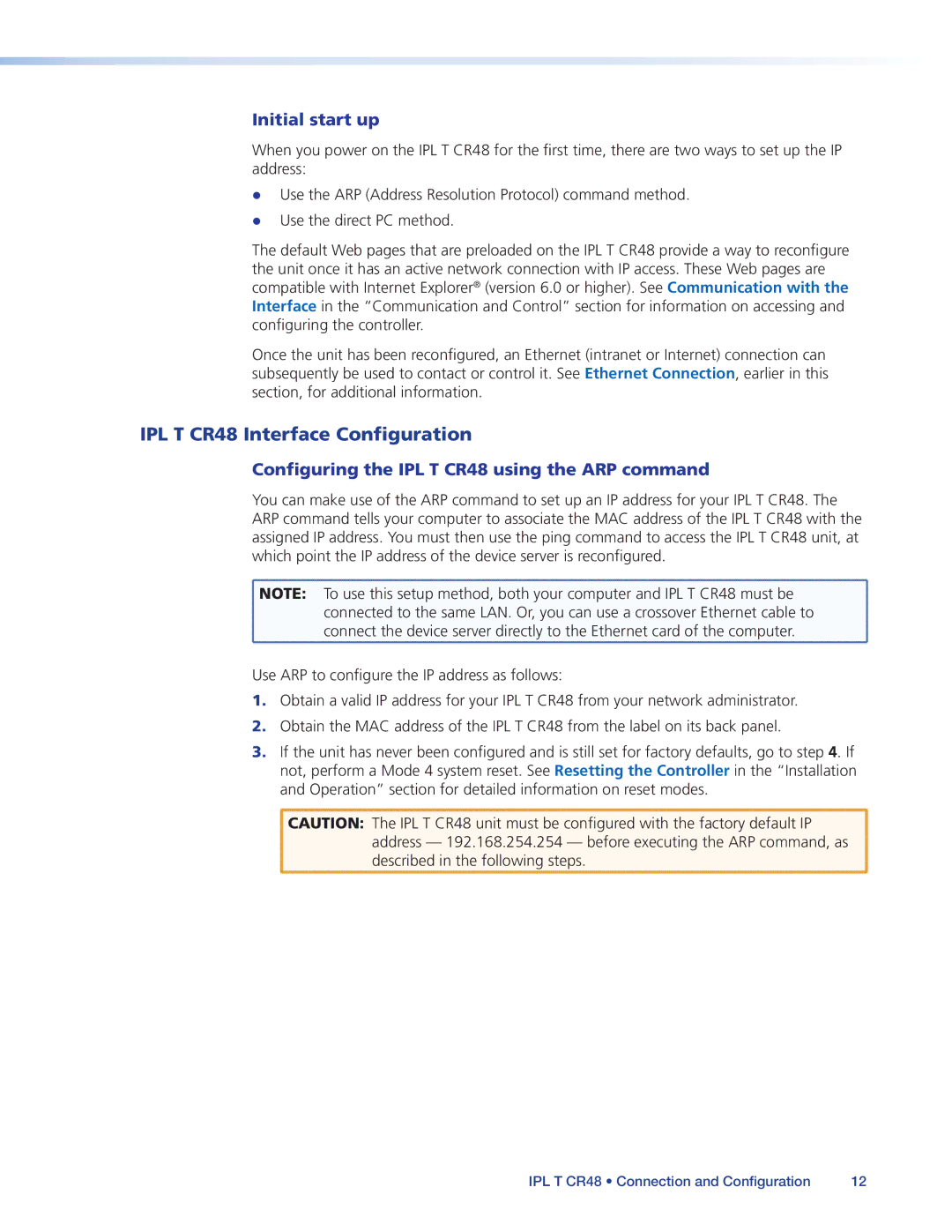 Extron electronic manual IPL T CR48 Interface Configuration, Initial start up 