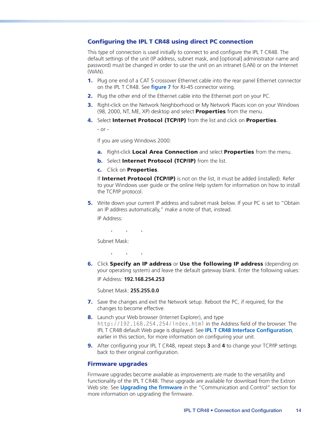 Extron electronic manual Configuring the IPL T CR48 using direct PC connection, Firmware upgrades 