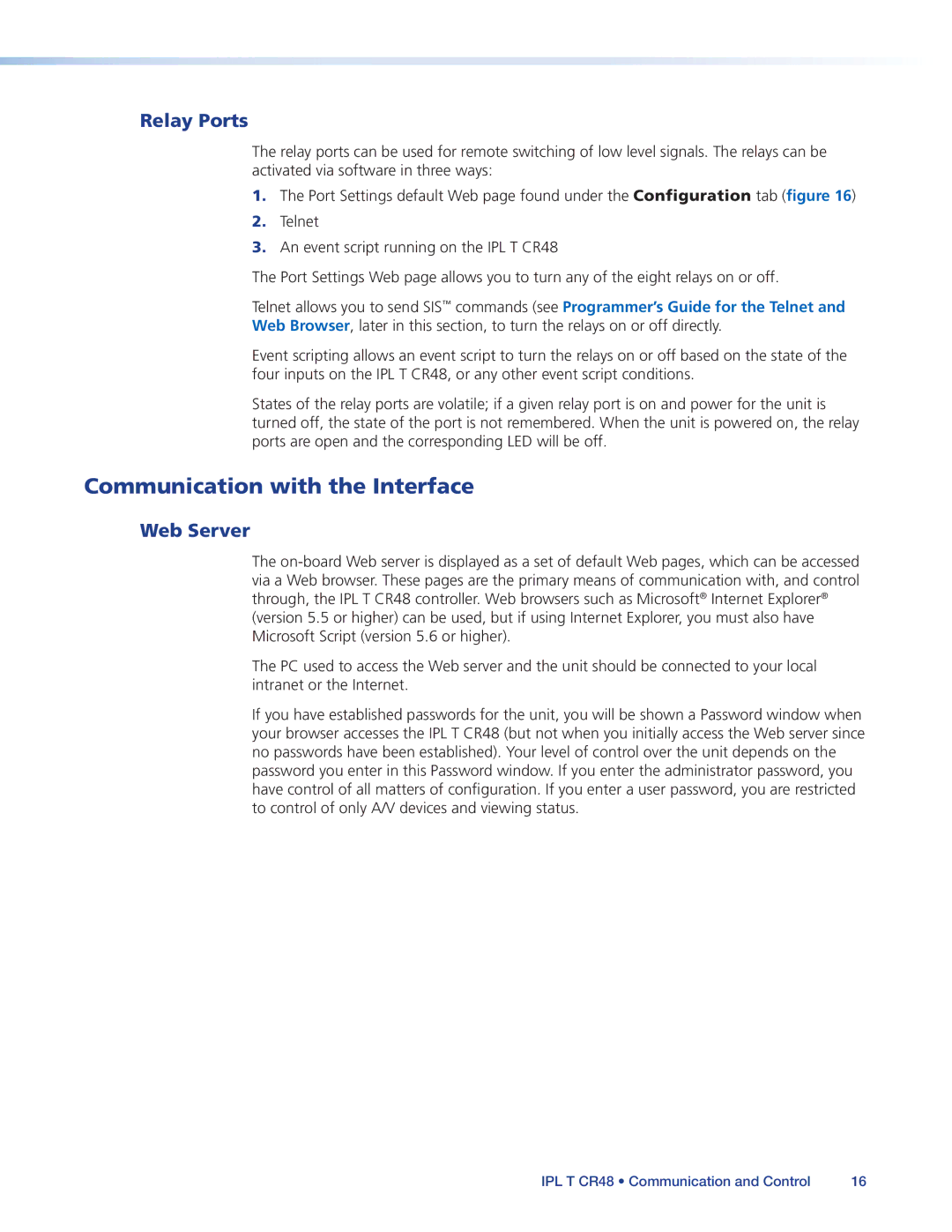 Extron electronic IPL T CR48 manual Communication with the Interface, Relay Ports, Web Server 