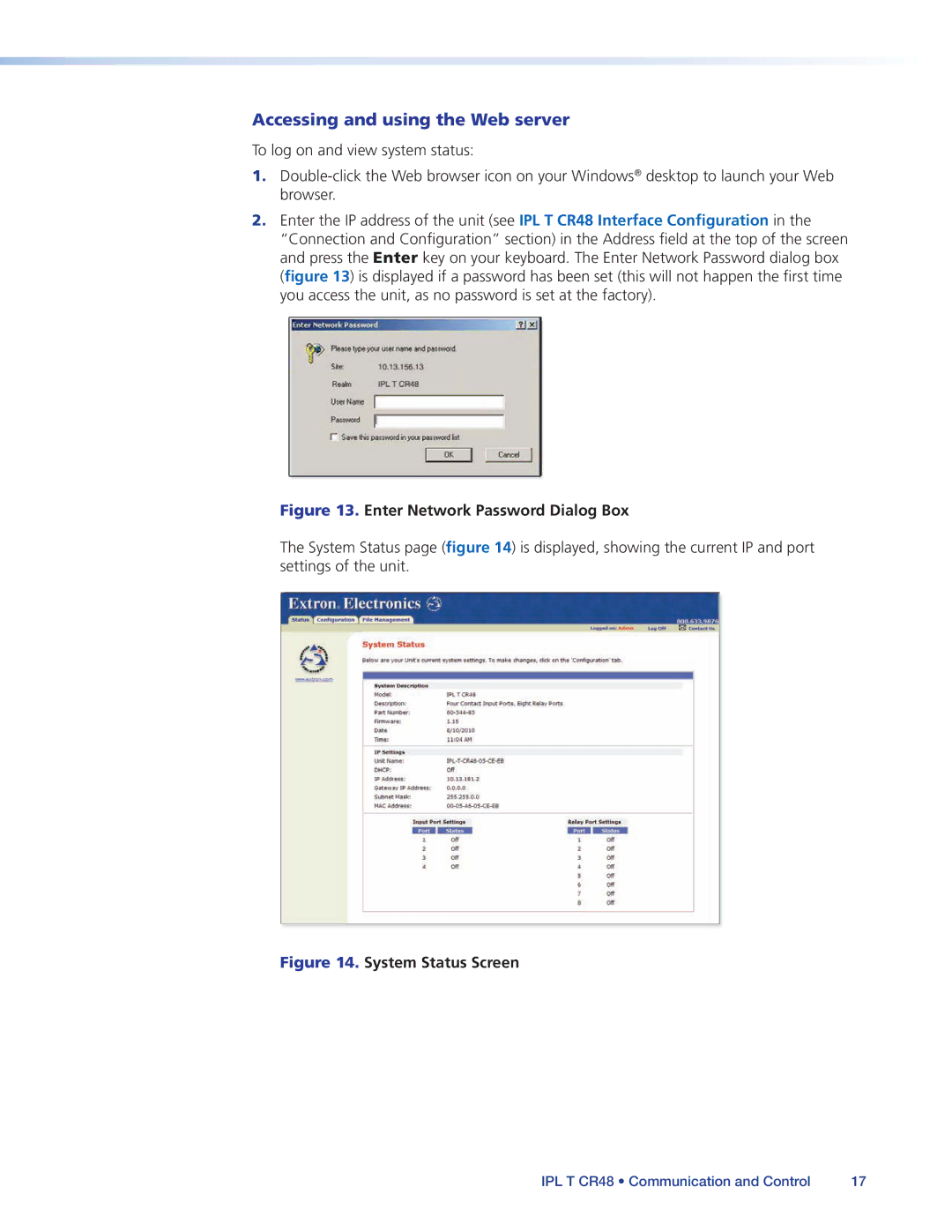 Extron electronic IPL T CR48 manual Accessing and using the Web server, Enter Network Password Dialog Box 