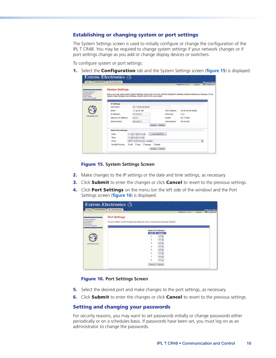 Extron electronic IPL T CR48 manual Establishing or changing system or port settings, Setting and changing your passwords 