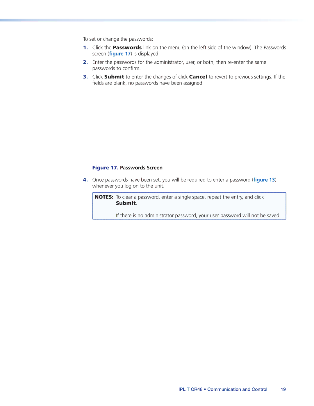 Extron electronic IPL T CR48 manual Passwords Screen, Submit 