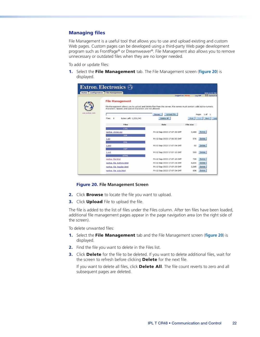 Extron electronic IPL T CR48 manual Managing files, File Management Screen 