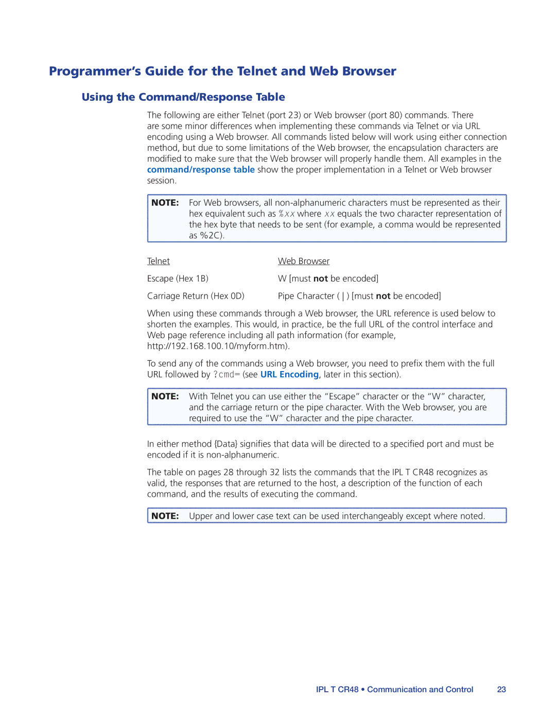 Extron electronic IPL T CR48 manual Programmer’s Guide for the Telnet and Web Browser, Using the Command/Response Table 