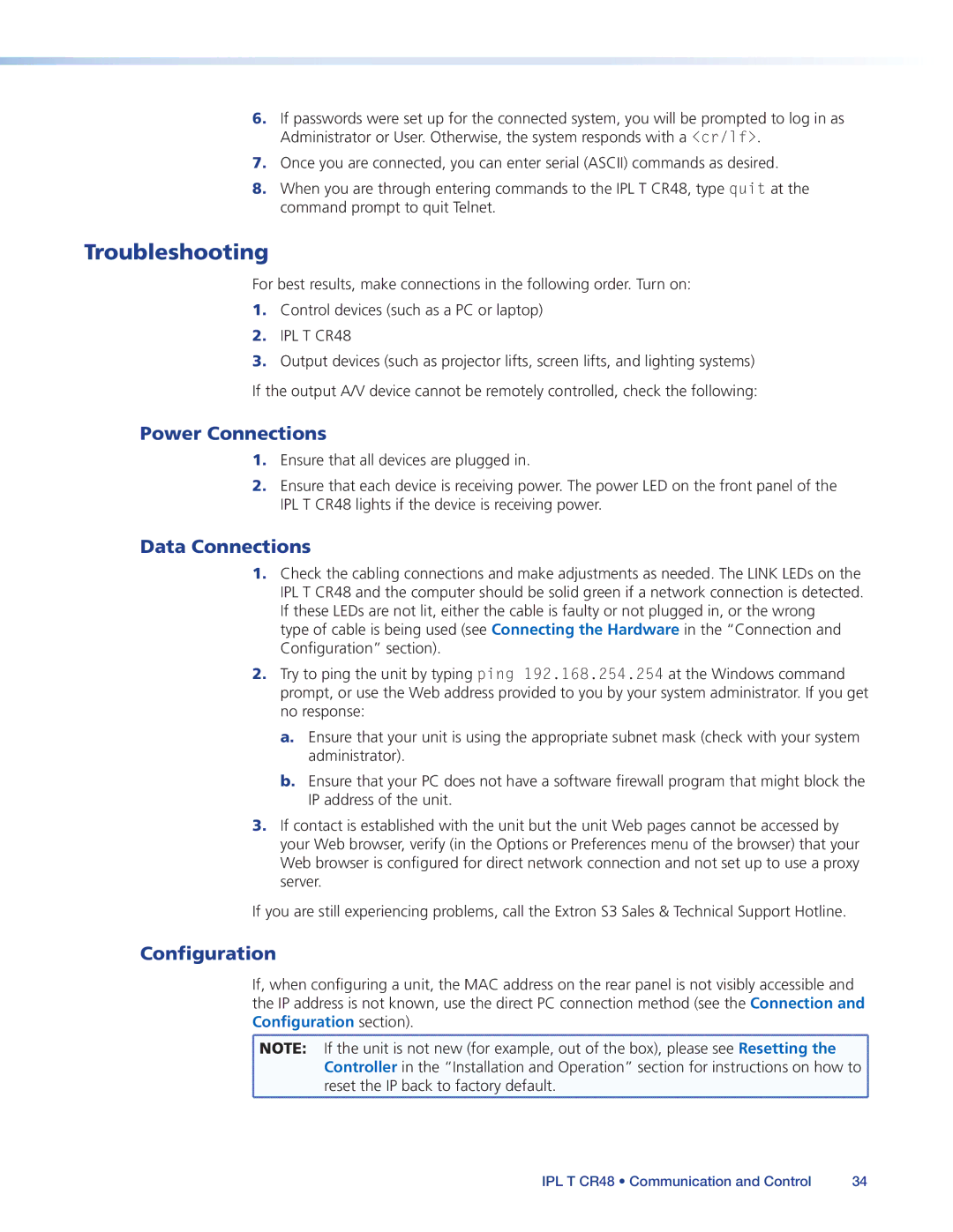 Extron electronic IPL T CR48 manual Troubleshooting, Power Connections, Data Connections, Configuration 