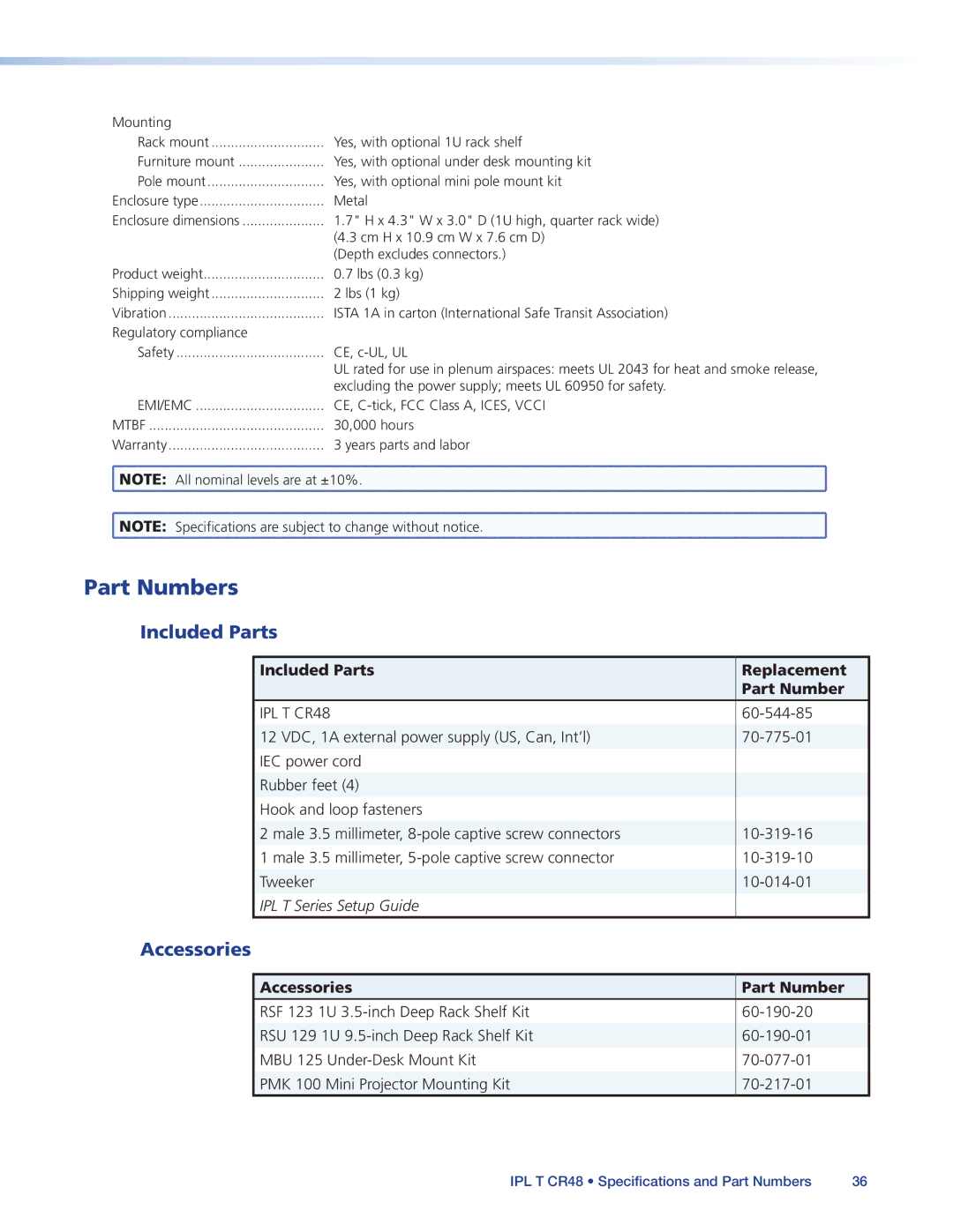 Extron electronic IPL T CR48 manual Part Numbers, Accessories, Included Parts Replacement Part Number 