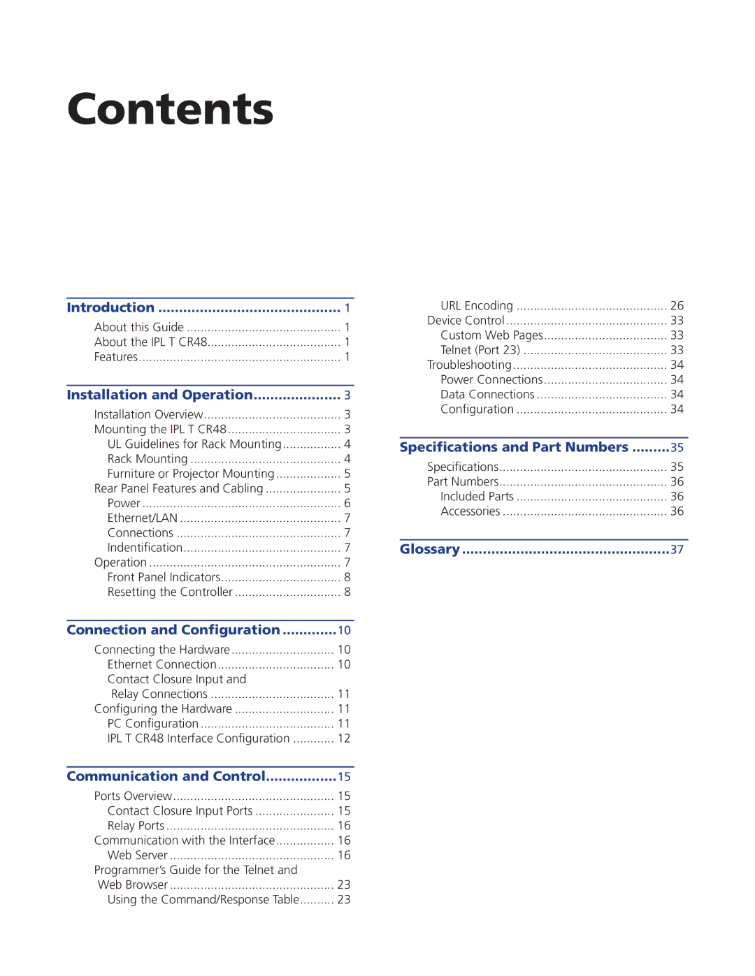 Extron electronic IPL T CR48 manual Contents 