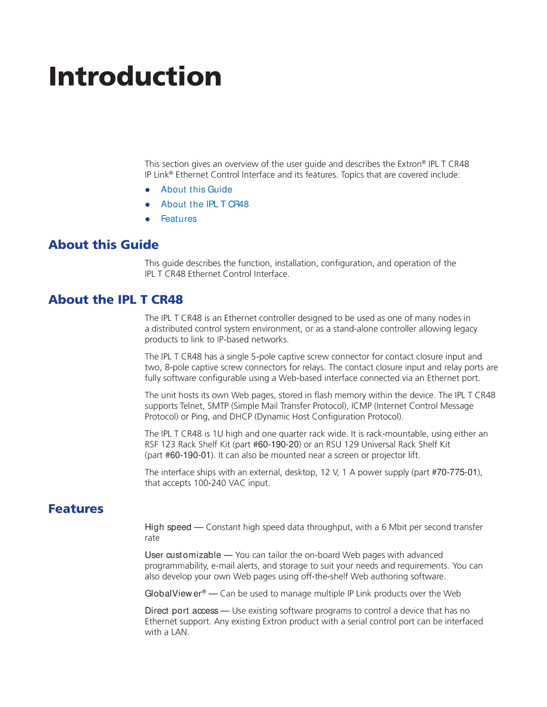 Extron electronic manual Introduction, About this Guide, About the IPL T CR48, Features 