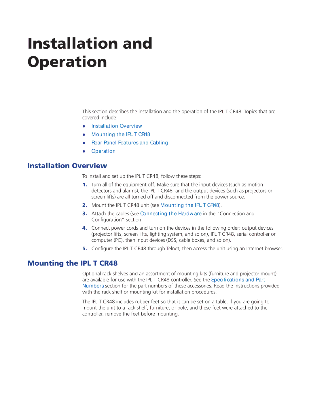 Extron electronic manual Installation Operation, Installation Overview, Mounting the IPL T CR48 