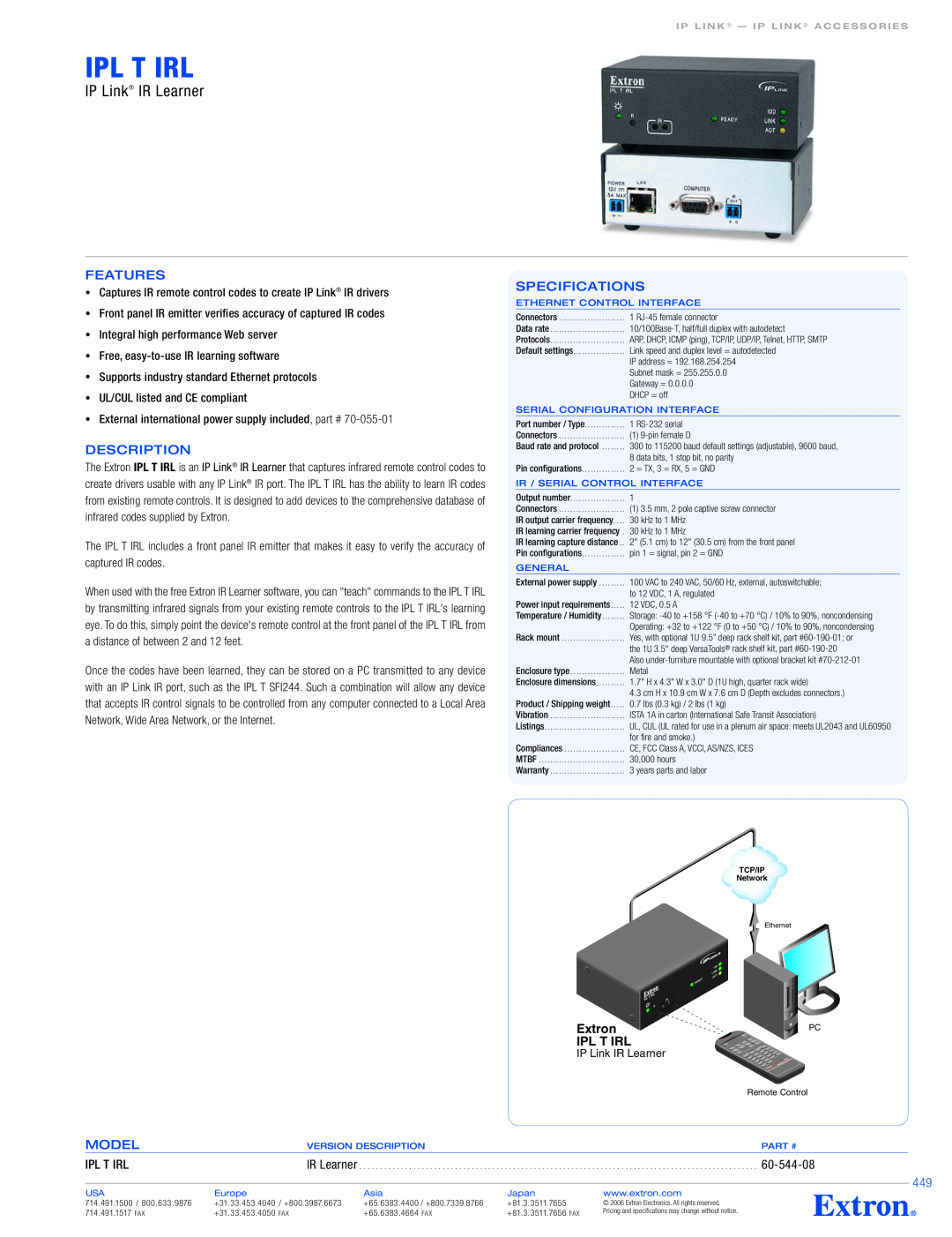 Extron electronic IPL T IRL specifications Ipl T Irl, IP Link IR Learner, Features, Description, Specifications, Extron 