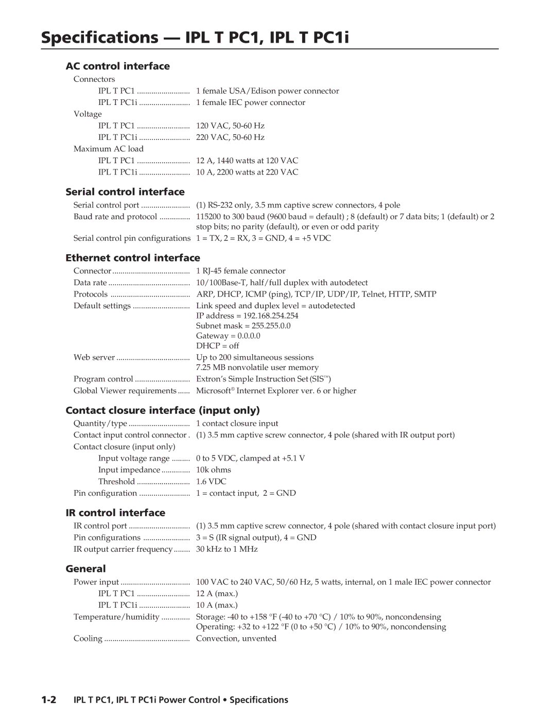 Extron electronic specifications Specifications IPL T PC1, IPL T PC1i 