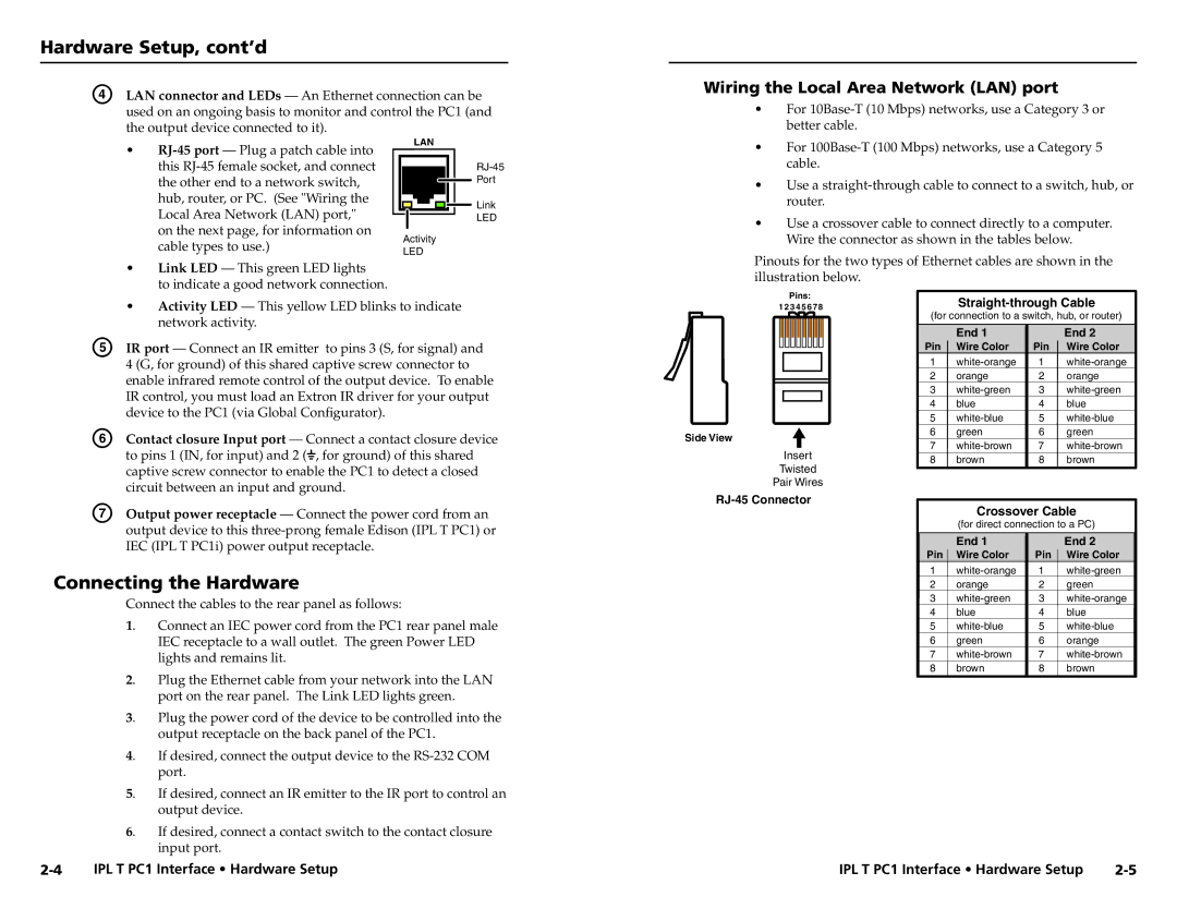 Extron electronic IPL T PC1i Hardware Setup, cont’d, Connecting the Hardware, Wiring the Local Area Network LAN port 