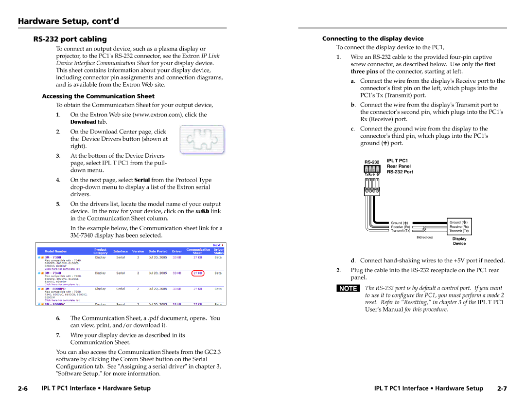 Extron electronic IPL T PC1i setup guide RS-232 port cabling, Download tab 