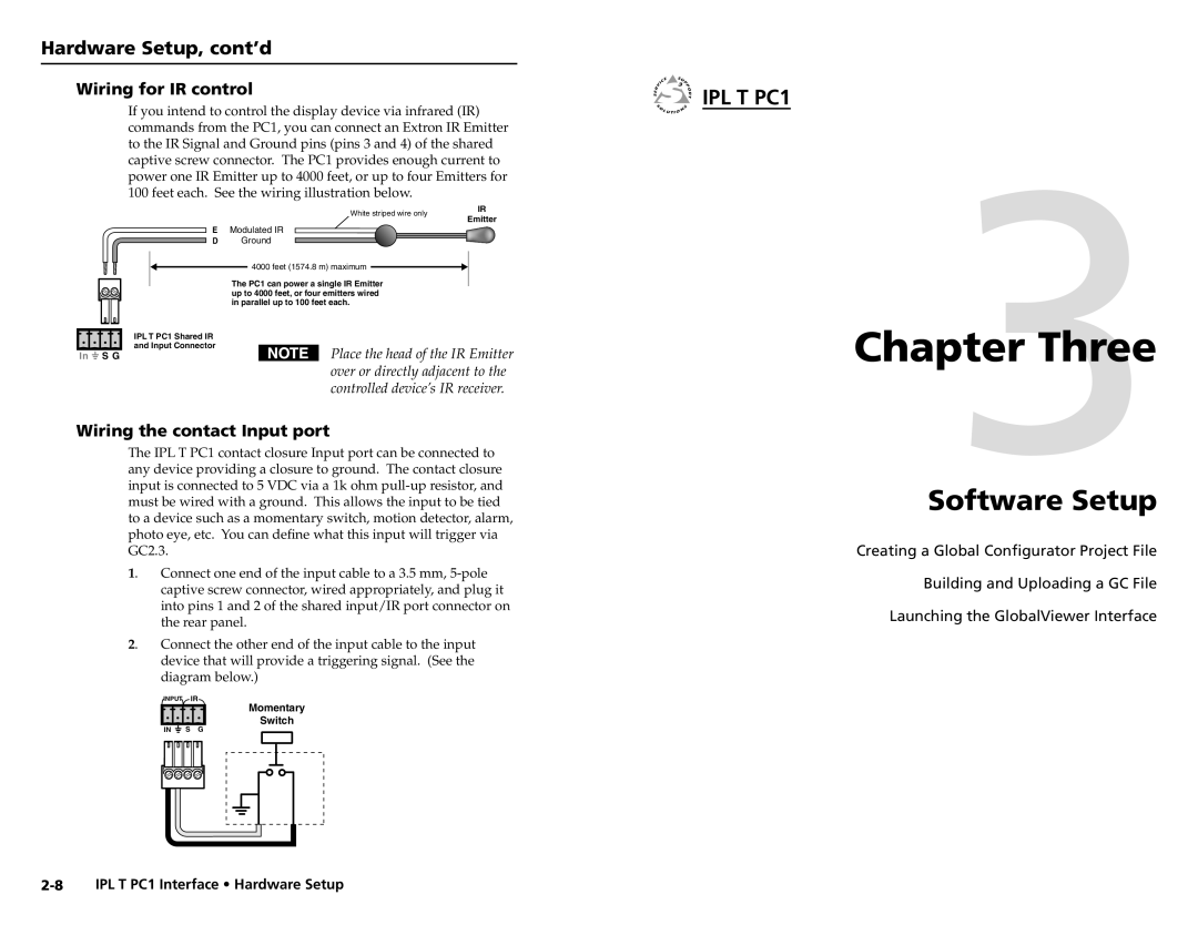 Extron electronic IPL T PC1i setup guide Wiring for IR control, Wiring the contact Input port 