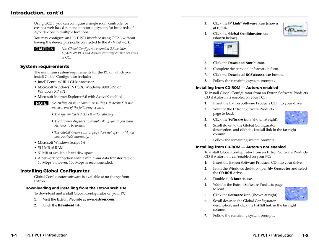 Extron electronic IPL T PC1i setup guide Introduction, cont’d, System requirements, Installing Global Configurator 