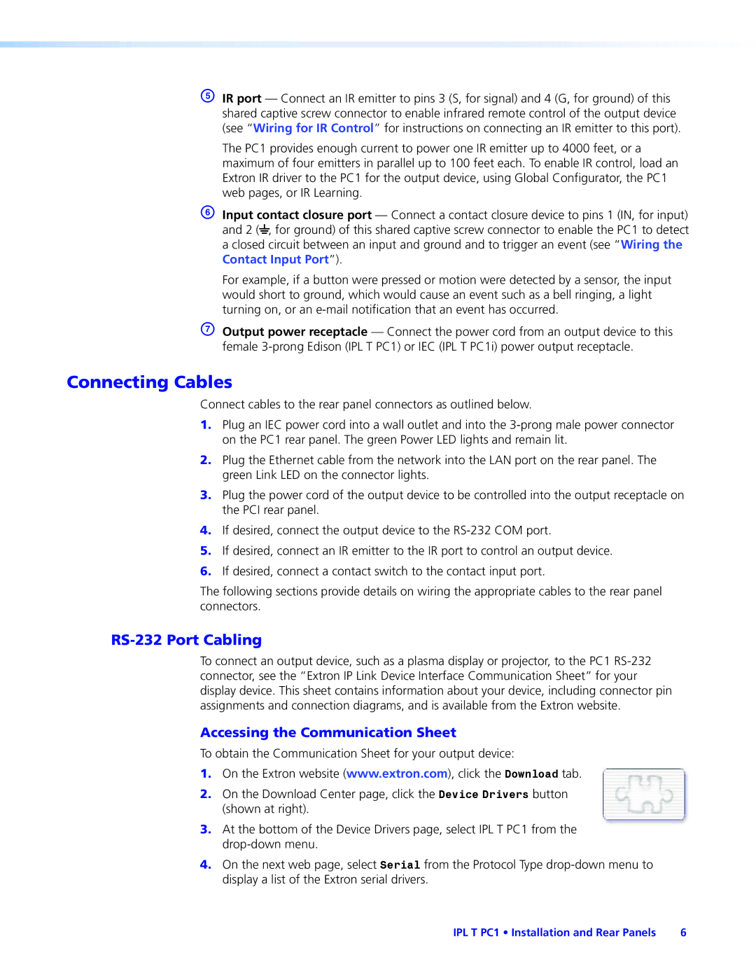 Extron electronic IPL T PC1i manual Connecting Cables, RS-232 Port Cabling, Accessing the Communication Sheet 