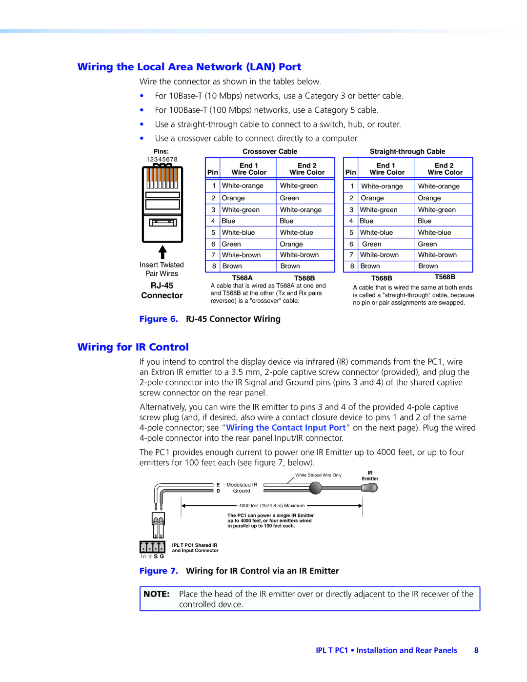 Extron electronic IPL T PC1i manual Wiring the Local Area Network LAN Port, Wiring for IR Control, RJ-45 Connector Wiring 