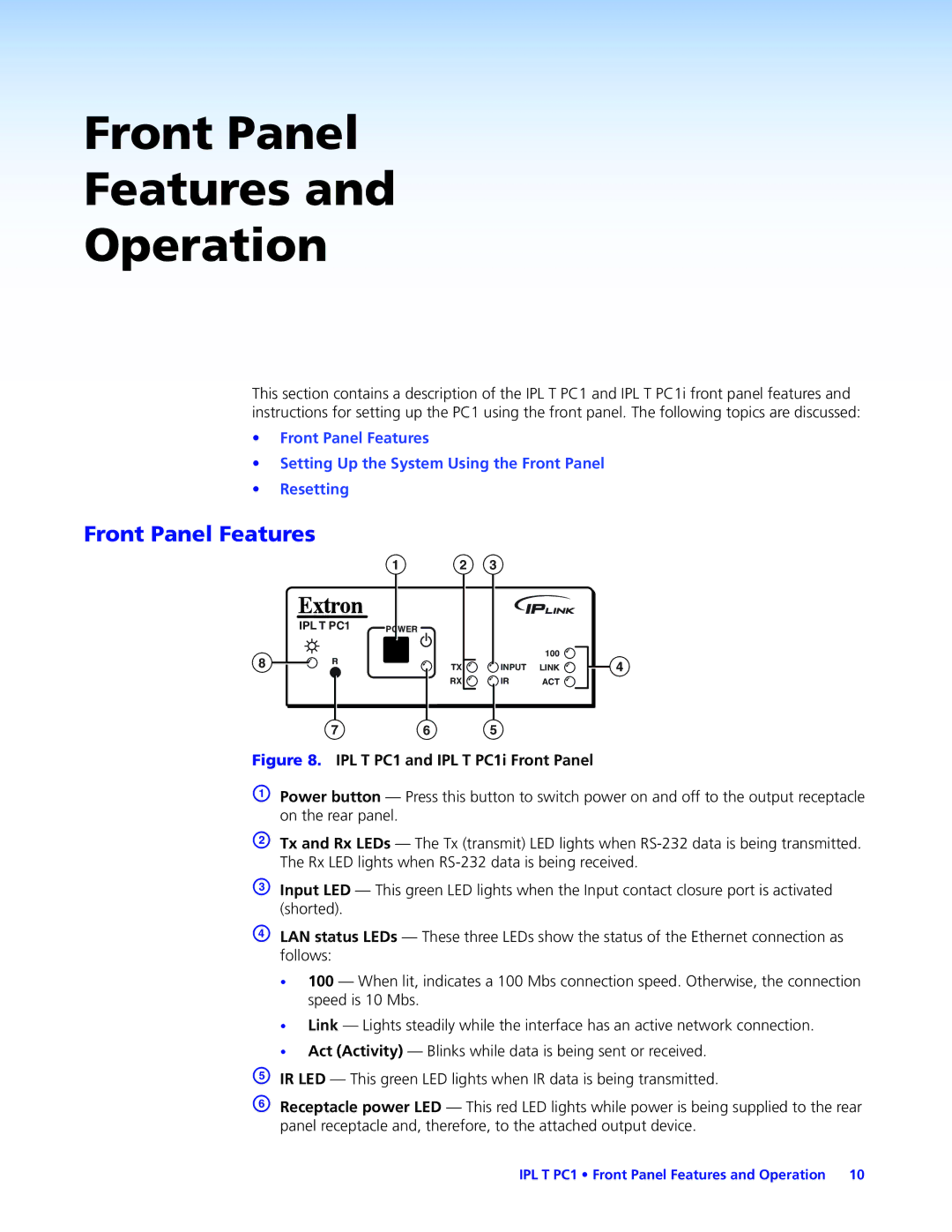 Extron electronic IPL T PC1i manual Front Panel Features Operation 