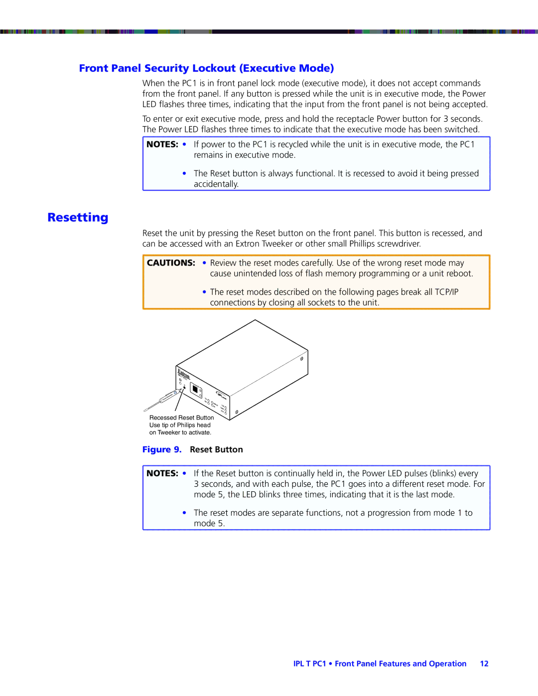 Extron electronic IPL T PC1i manual Resetting, Front Panel Security Lockout Executive Mode 