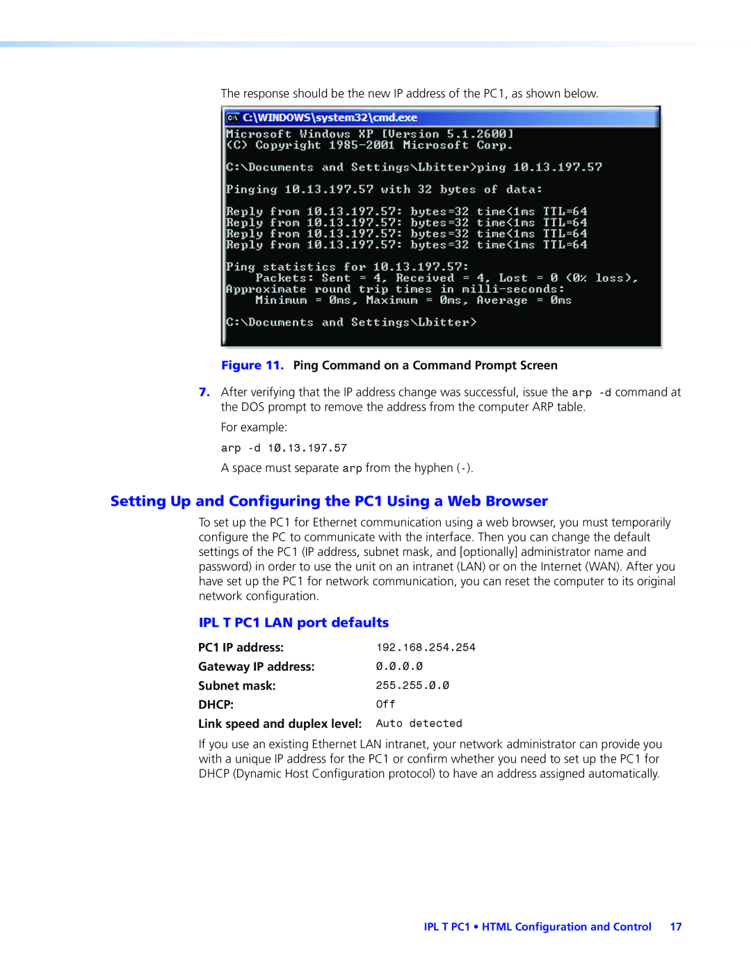 Extron electronic IPL T PC1i manual Setting Up and Configuring the PC1 Using a Web Browser, IPL T PC1 LAN port defaults 