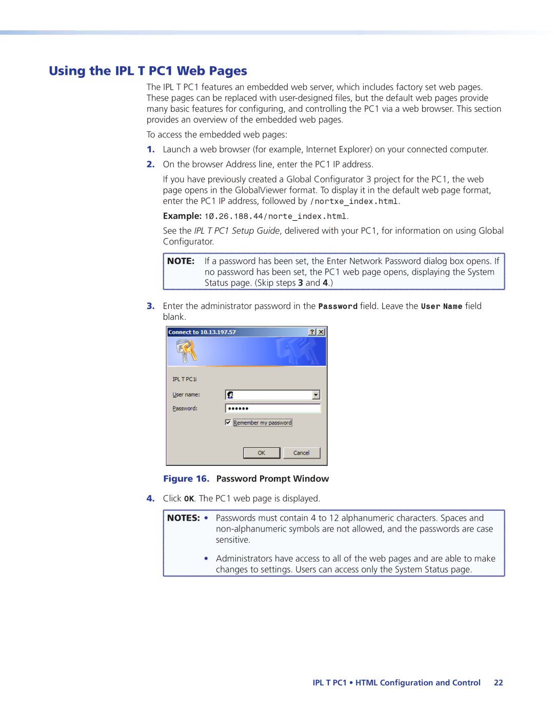 Extron electronic IPL T PC1i manual Using the IPL T PC1 Web Pages, Password Prompt Window 