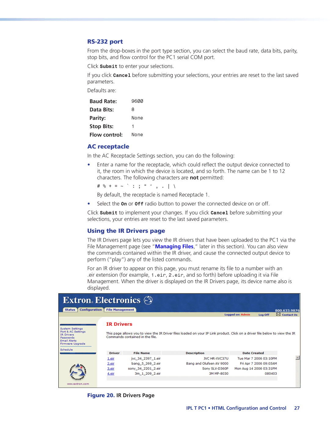 Extron electronic IPL T PC1i manual RS-232 port, AC receptacle, Using the IR Drivers 