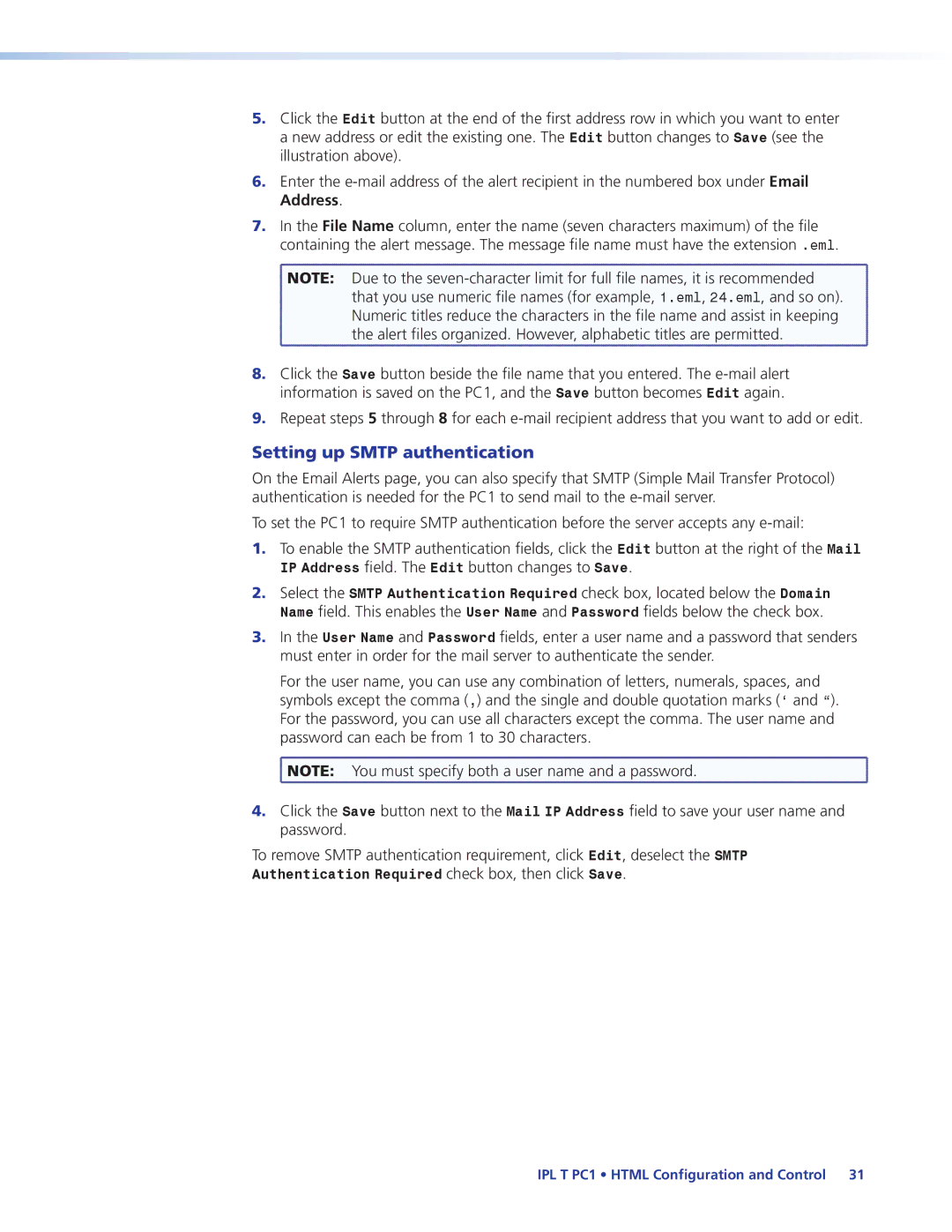 Extron electronic IPL T PC1i manual Setting up Smtp authentication 