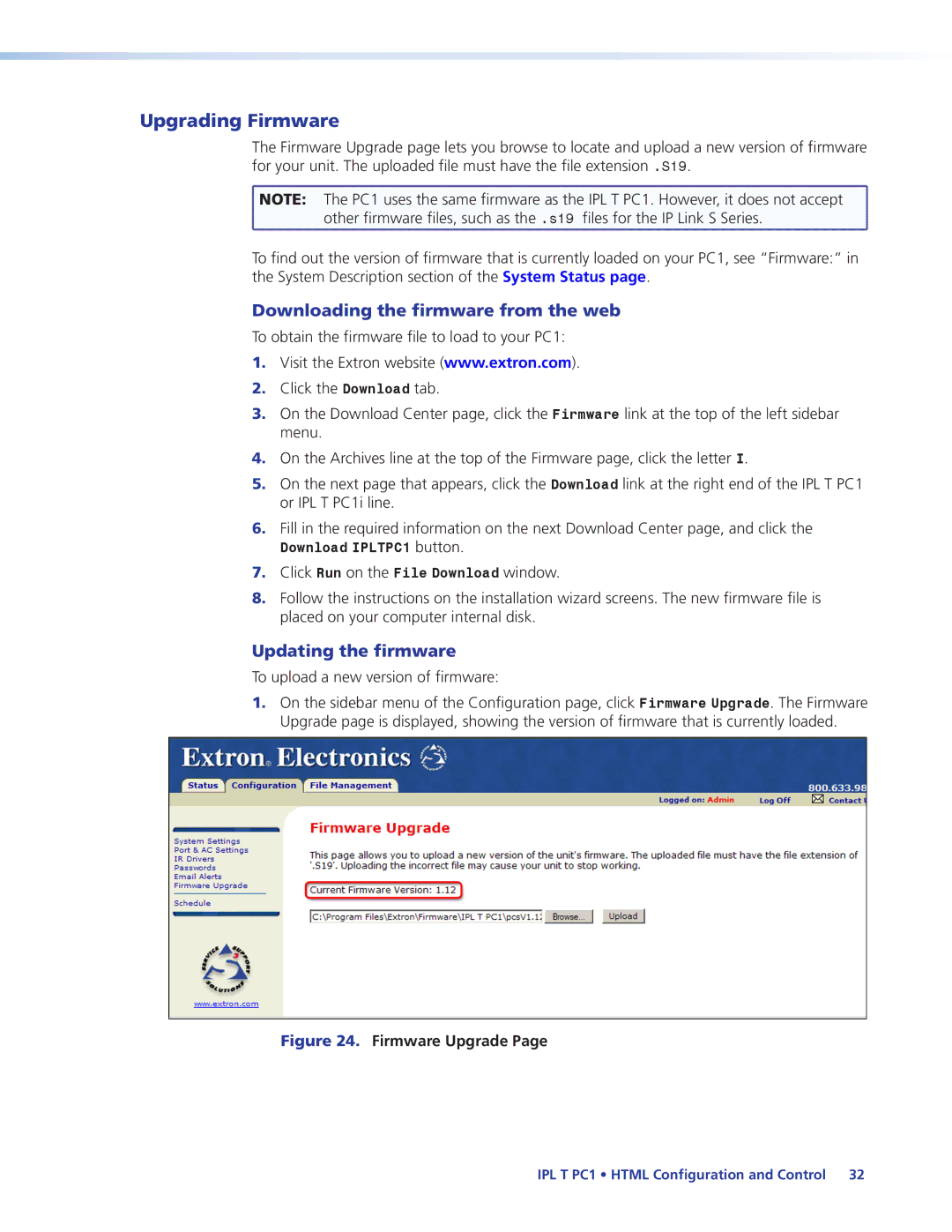 Extron electronic IPL T PC1i manual Upgrading Firmware, Downloading the firmware from the web, Updating the firmware 