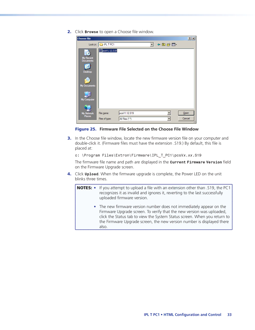 Extron electronic IPL T PC1 Click Browse to open a Choose file window, Firmware File Selected on the Choose File Window 