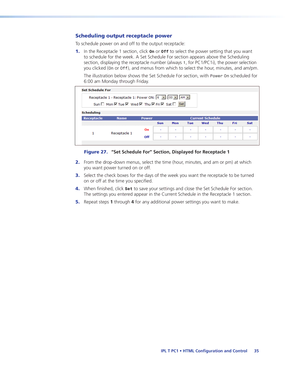 Extron electronic IPL T PC1 Scheduling output receptacle power, To schedule power on and off to the output receptacle 