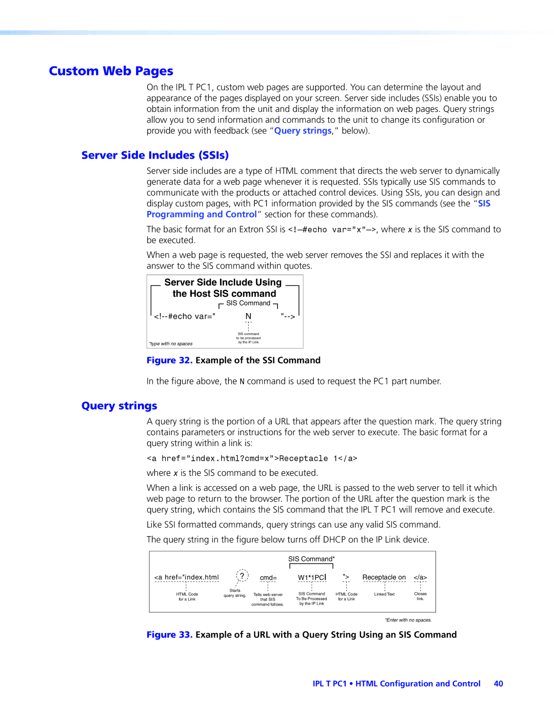 Extron electronic IPL T PC1i manual Custom Web Pages, Server Side Includes SSIs, Query strings 