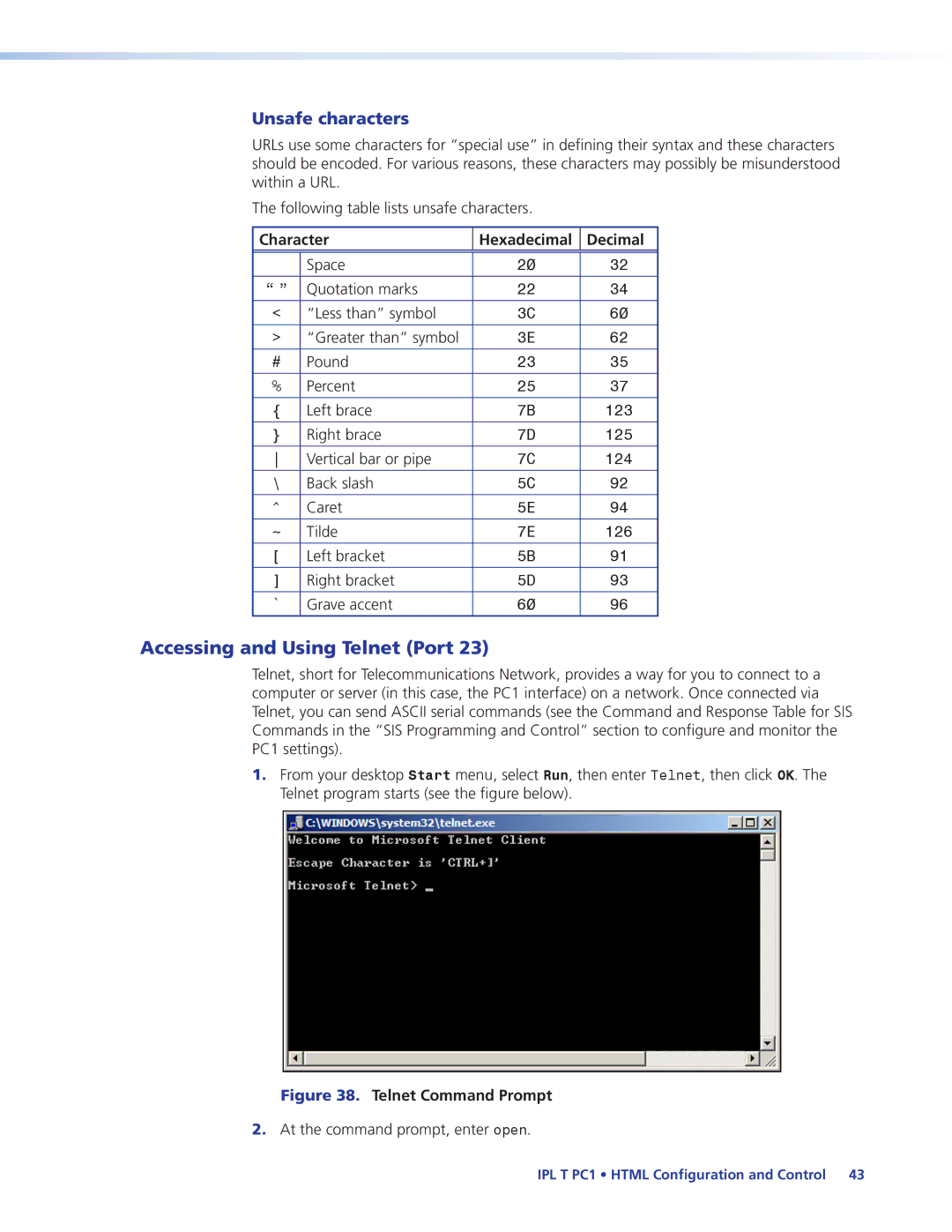 Extron electronic IPL T PC1i manual Accessing and Using Telnet Port, Unsafe characters 