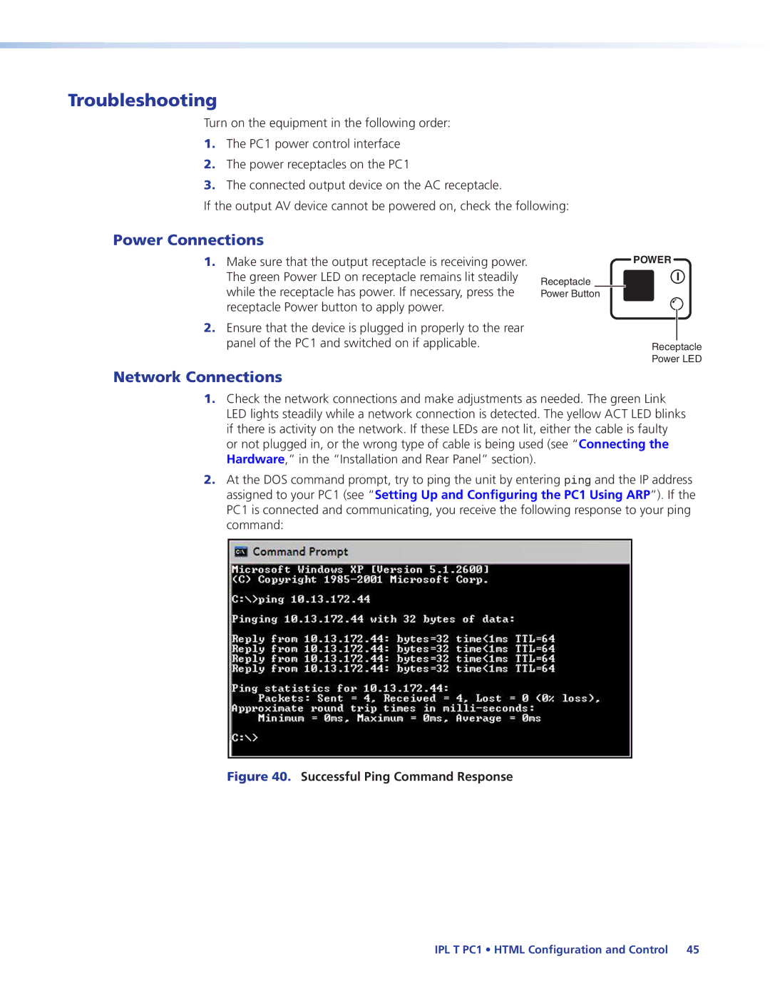 Extron electronic IPL T PC1i manual Troubleshooting, Power Connections, Network Connections 