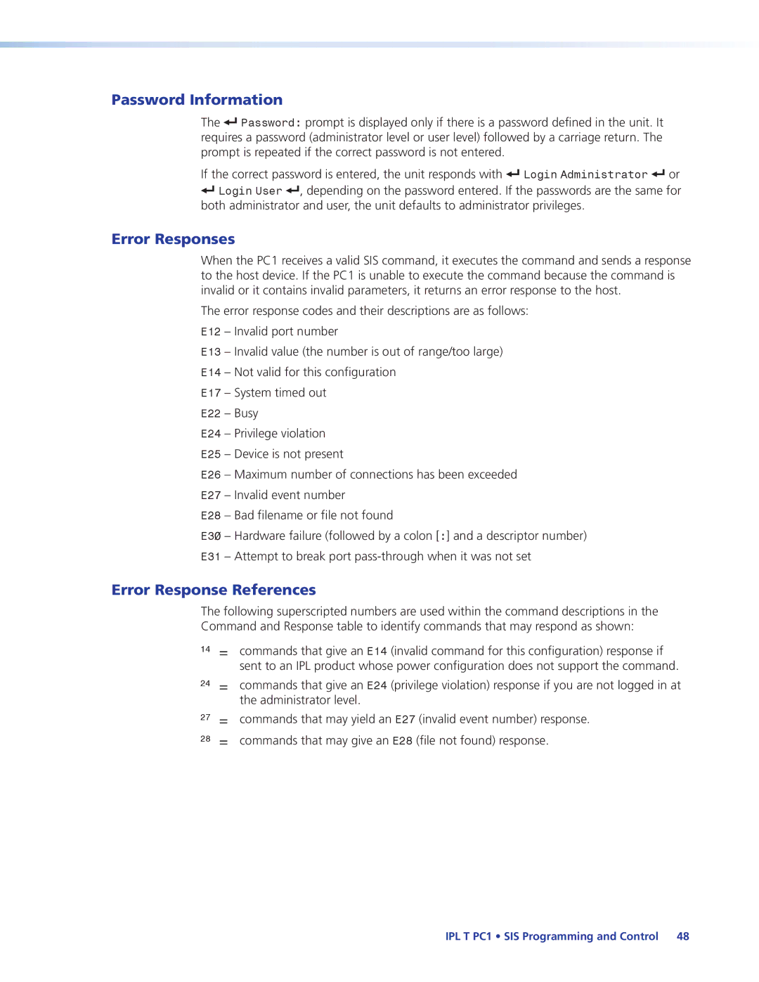 Extron electronic IPL T PC1i manual Password Information, Error Responses, Error Response References 