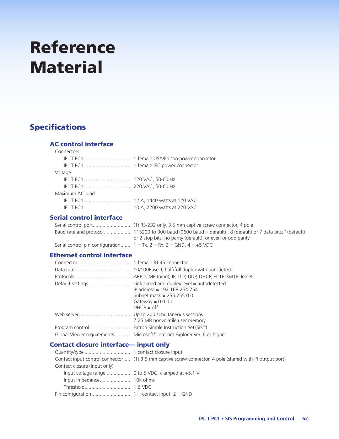 Extron electronic IPL T PC1i manual Reference Material, Specifications 