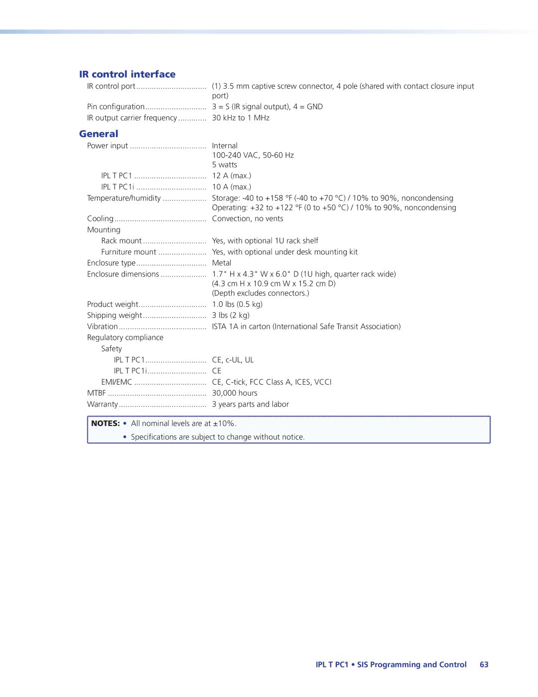 Extron electronic IPL T PC1i manual IR control interface, General 