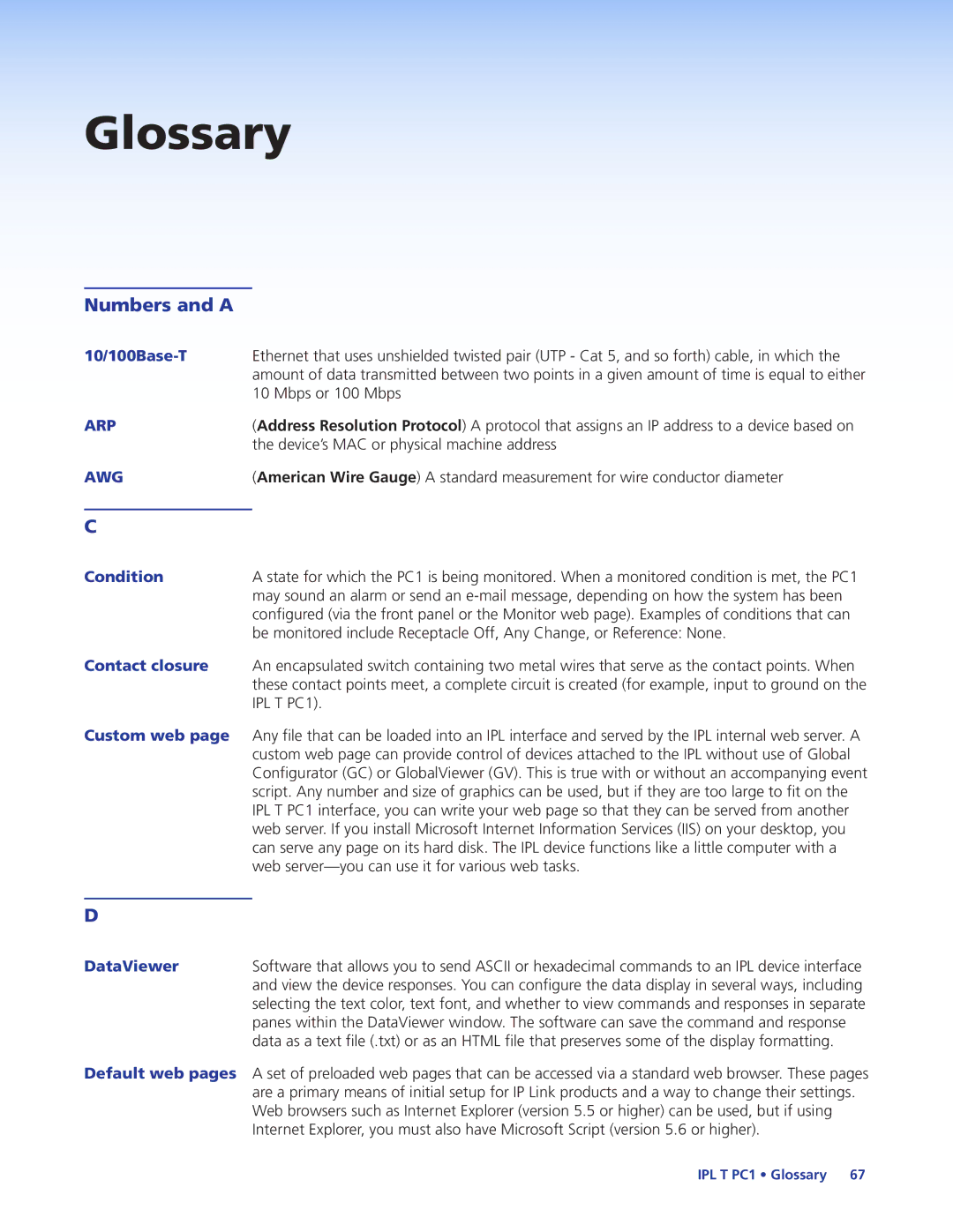 Extron electronic IPL T PC1 manual Glossary, Numbers and a, Mbps or 100 Mbps, Device’s MAC or physical machine address 