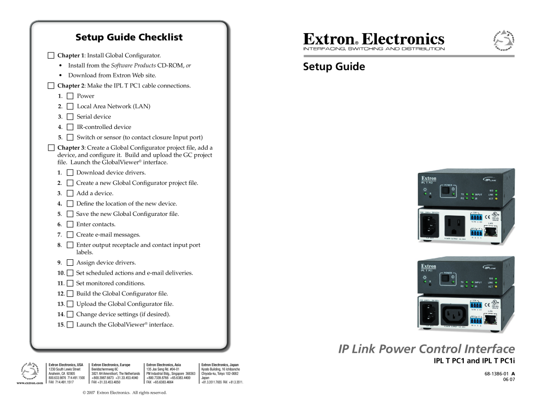 Extron electronic setup guide Setup Guide Checklist, IPL T PC1 and IPL T PC1i, IP Link Power Control Interface 