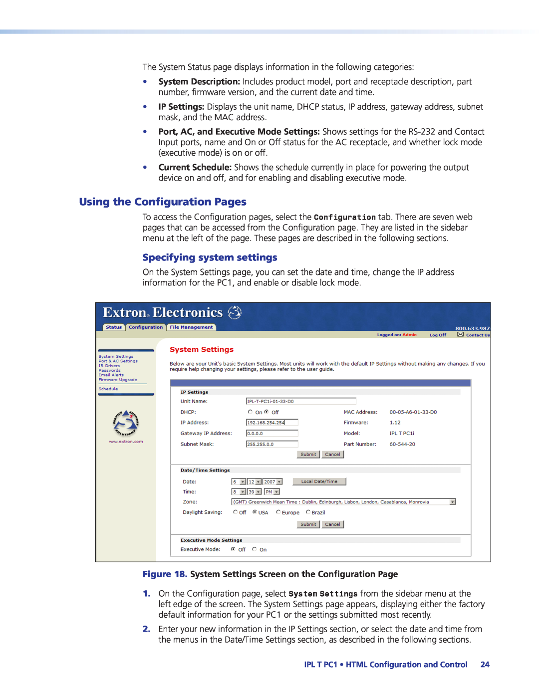 Extron electronic IPL T PC1i manual Using the Configuration Pages, Specifying system settings 