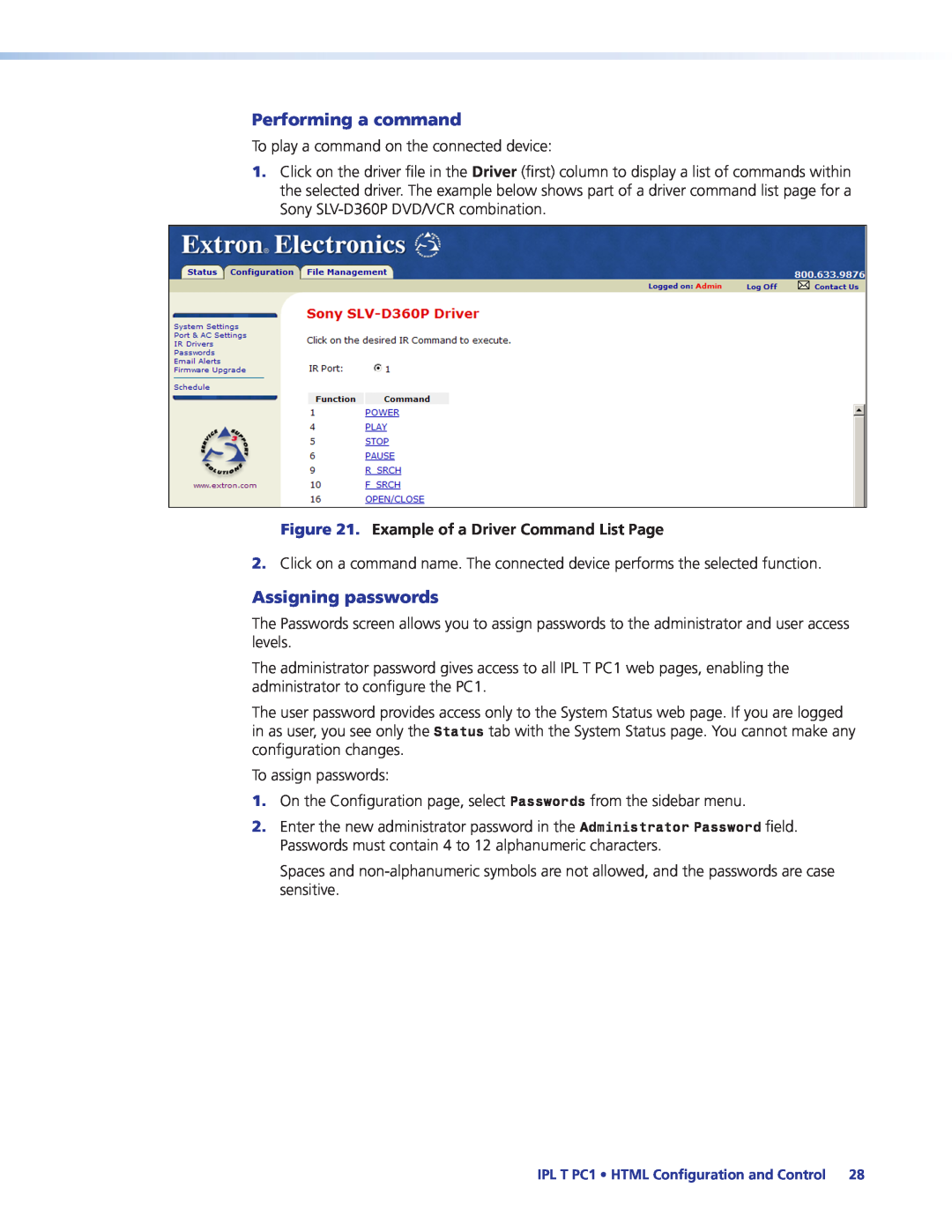 Extron electronic IPL T PC1i manual Performing a command, Assigning passwords, Example of a Driver Command List Page 