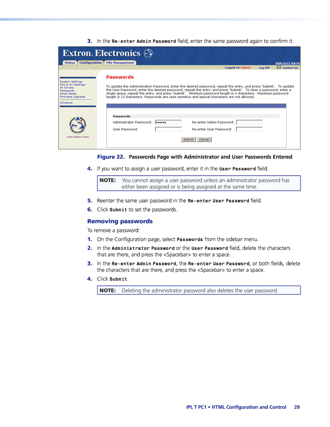 Extron electronic IPL T PC1i manual Removing passwords 