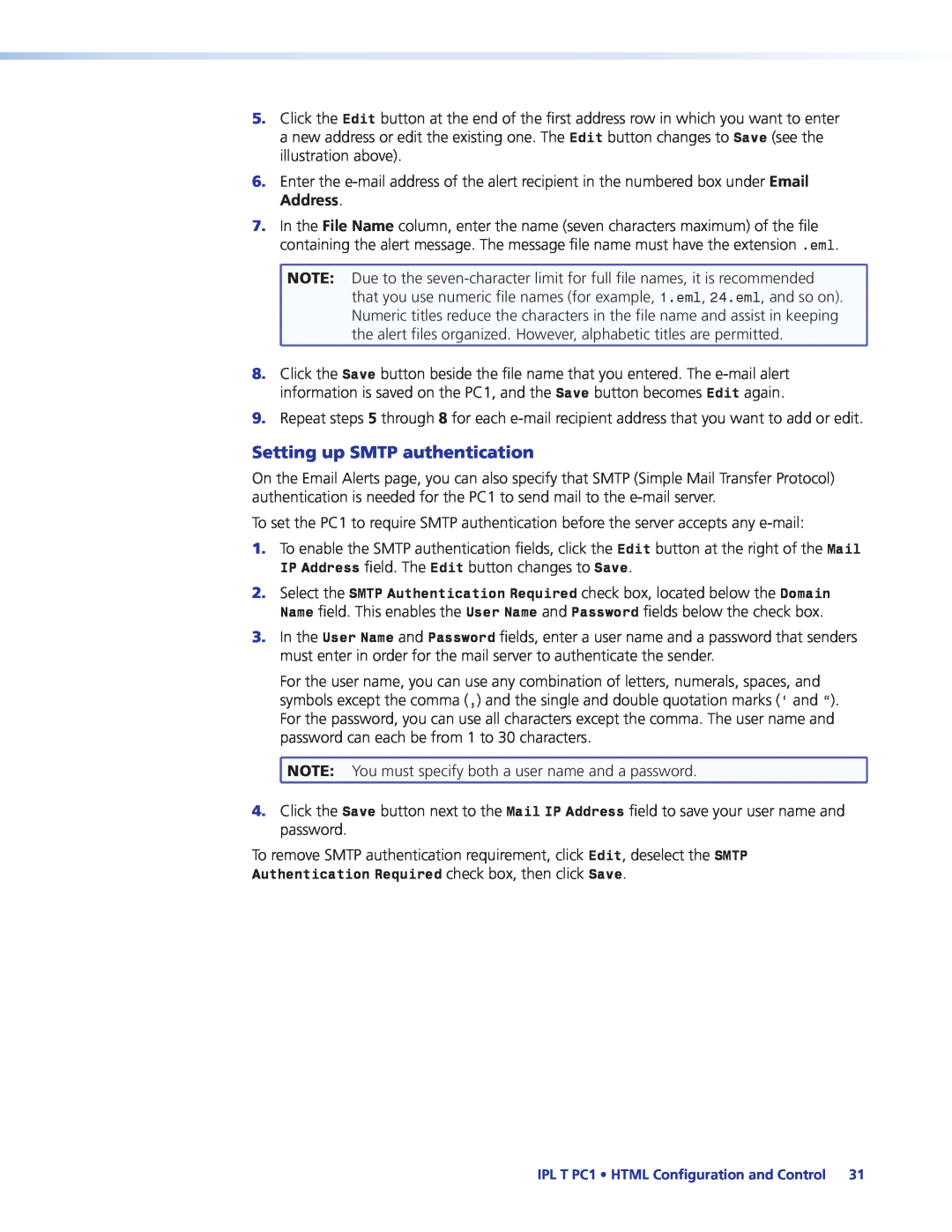 Extron electronic IPL T PC1i manual Setting up SMTP authentication 