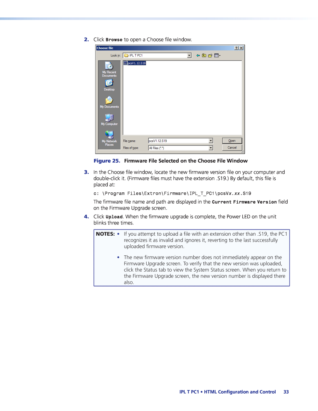 Extron electronic IPL T PC1i manual Firmware File Selected on the Choose File Window 