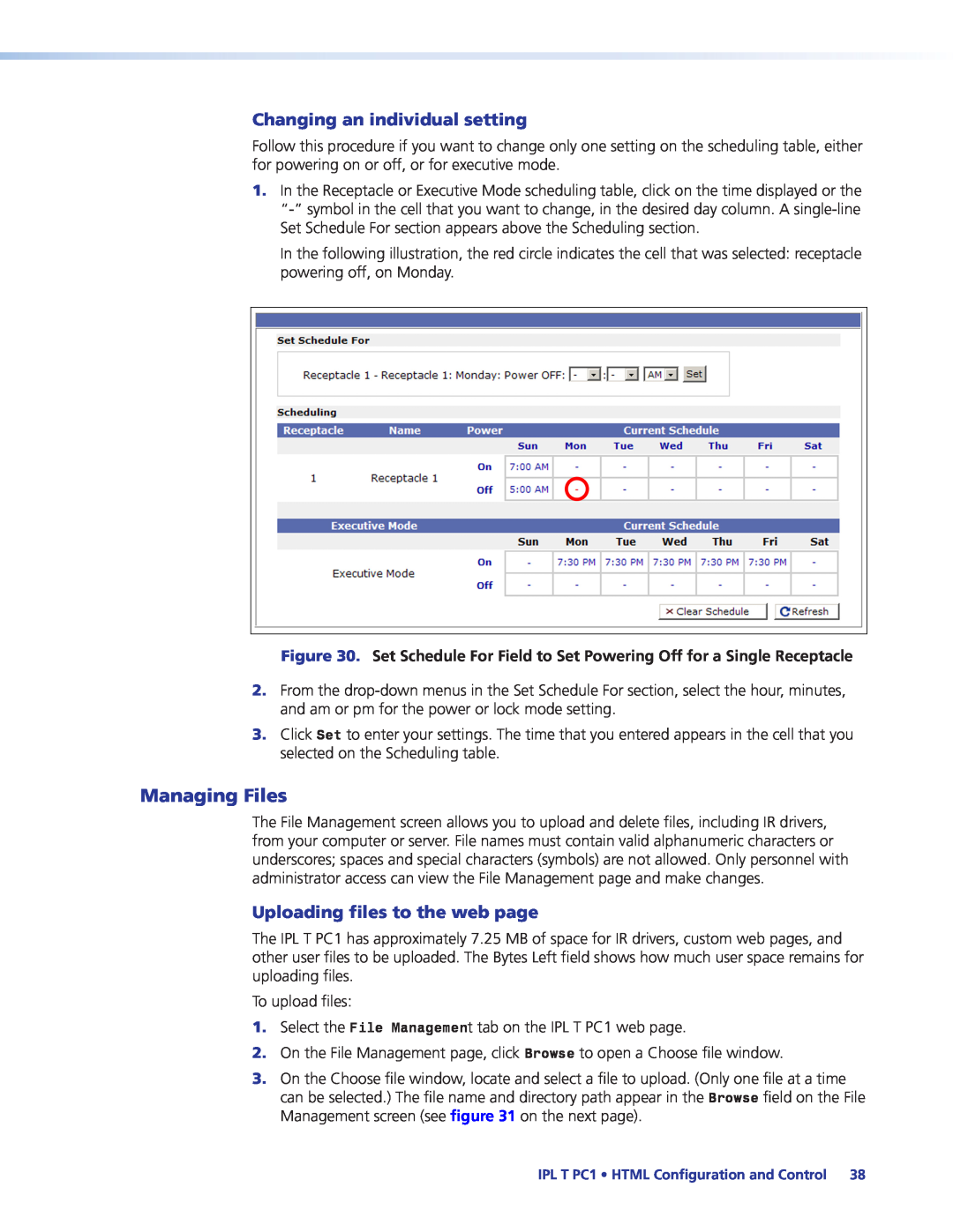 Extron electronic IPL T PC1i manual Managing Files, Changing an individual setting, Uploading files to the web page 