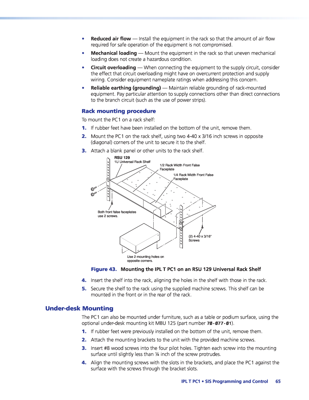 Extron electronic IPL T PC1i manual Under-desk Mounting, Rack mounting procedure 