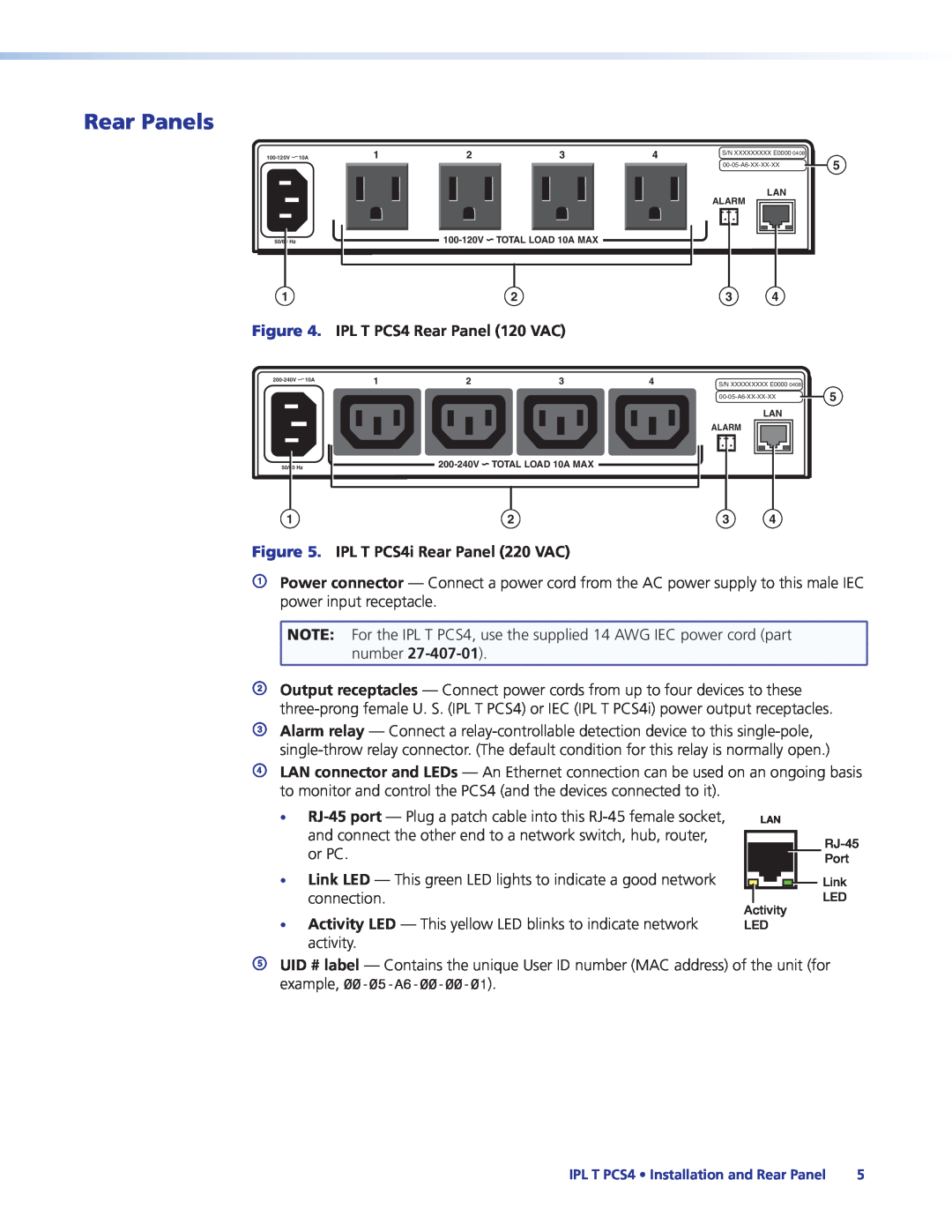 Extron electronic manual Rear Panels, IPL T PCS4i Rear Panel 220 VAC 