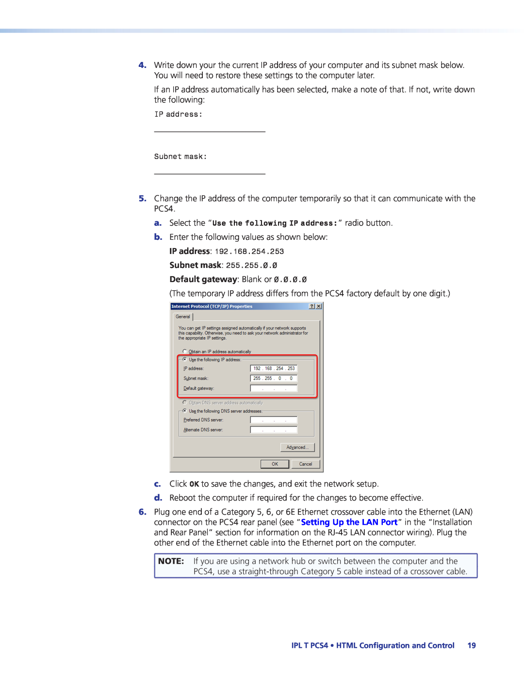 Extron electronic IPL T PCS4i manual Subnet mask Default gateway Blank or 