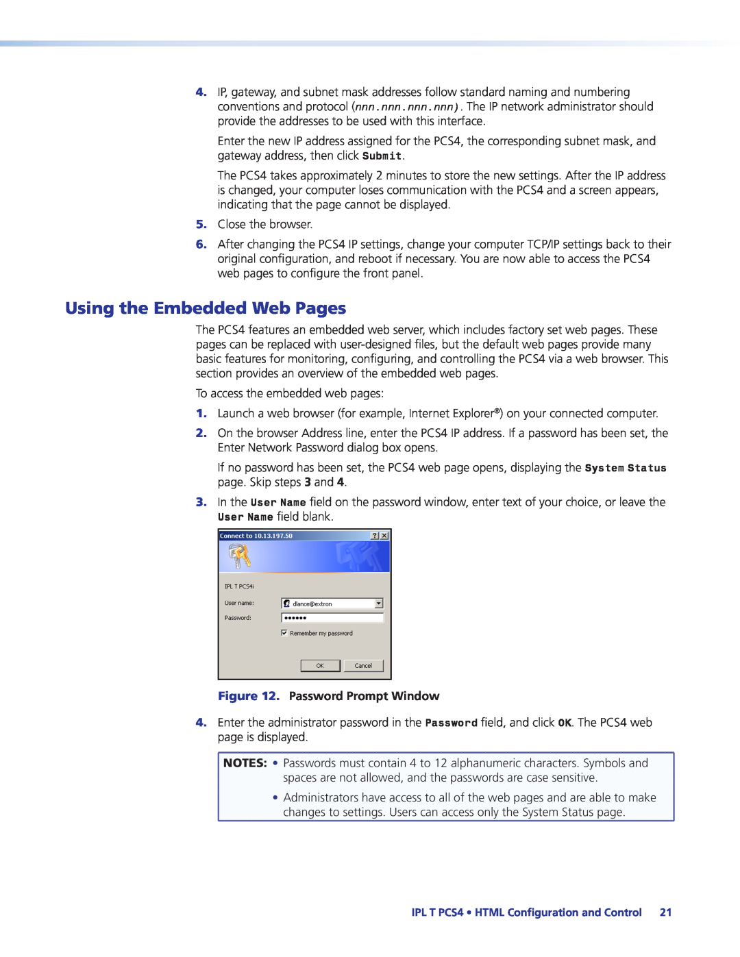 Extron electronic IPL T PCS4i manual Using the Embedded Web Pages, Password Prompt Window 